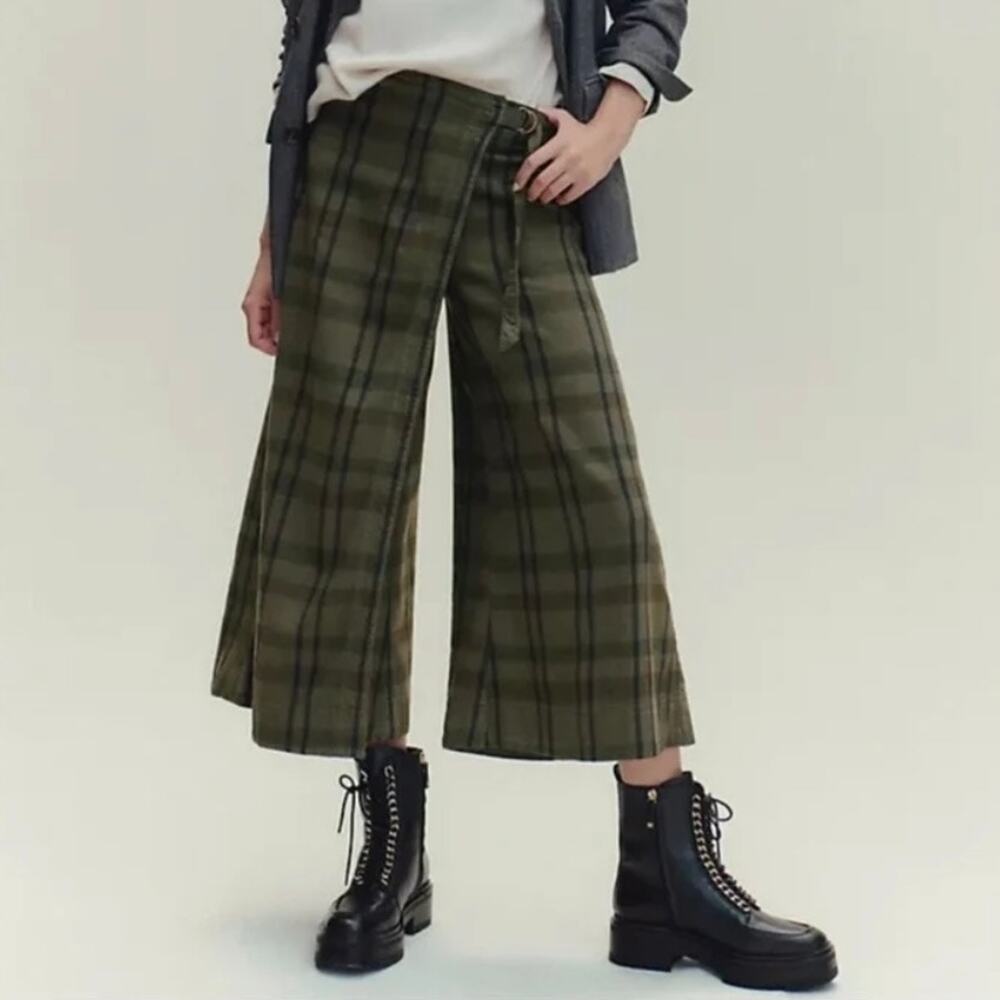 Anthropologie Pilcro Kilted Plaid Wide-Leg Surplice Pant - Green Plaid - Size 32